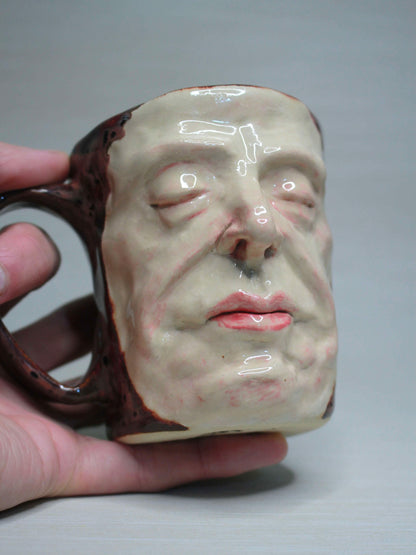 Macabre Death Mask Style Face Mug - Strange Handmade Ceramic Coffee Cup