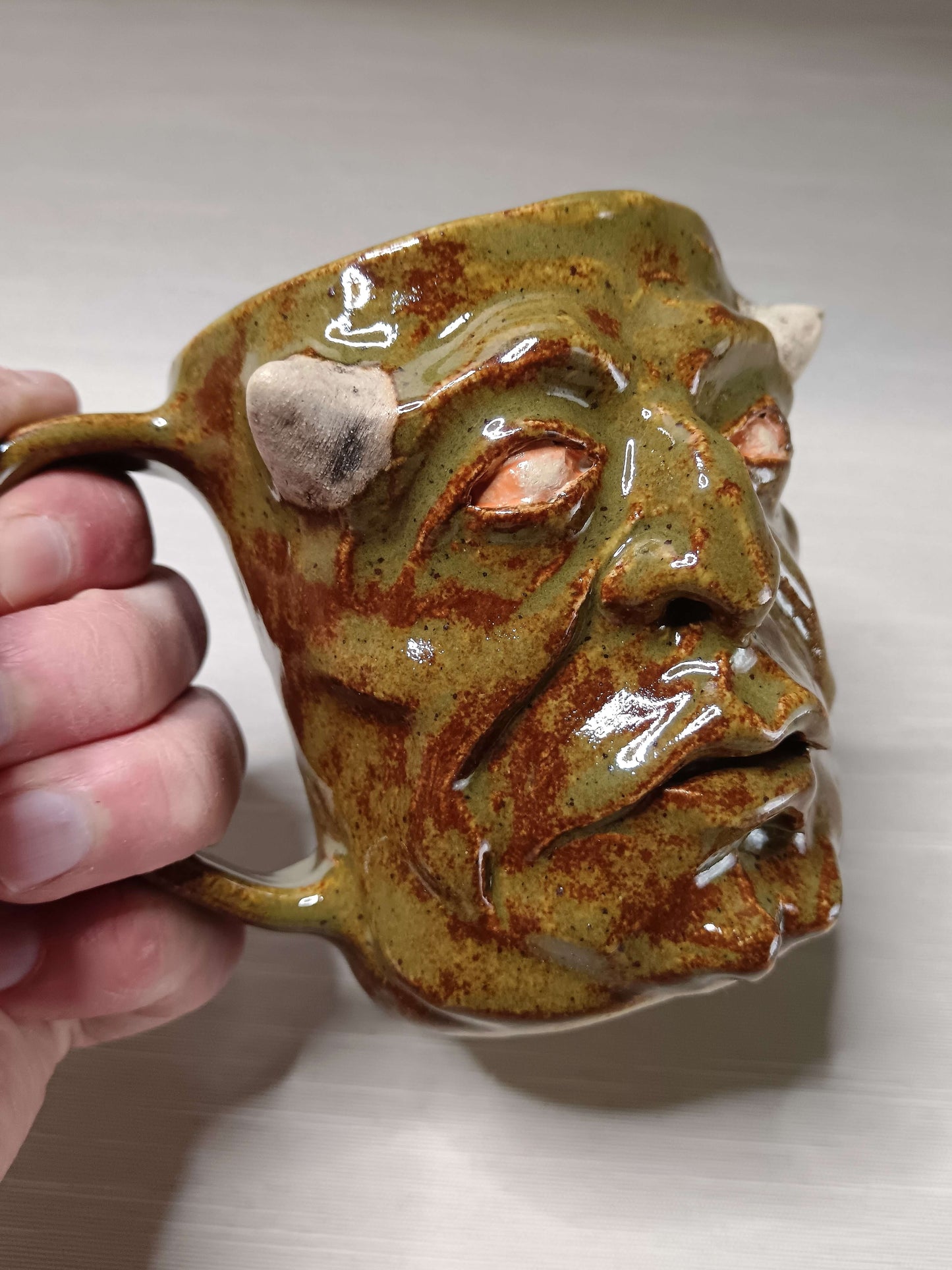 Grotesque Green Demon Mug - Weird Handmade Ceramic Devil Mug