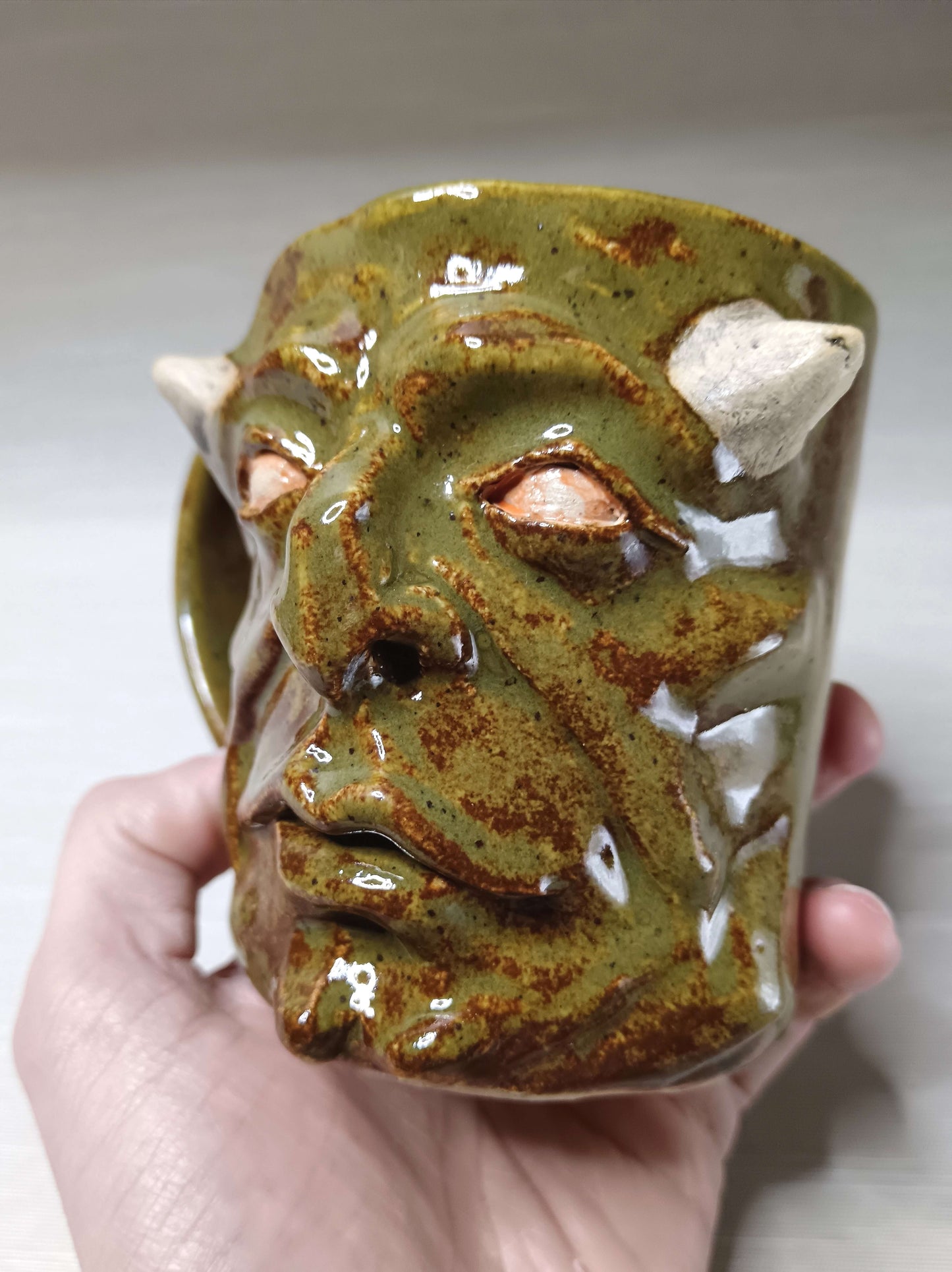 Grotesque Green Demon Mug - Weird Handmade Ceramic Devil Mug