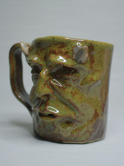 Green Goblin Face Mug -  Creepy Hand Sculpted Ceramic Mug