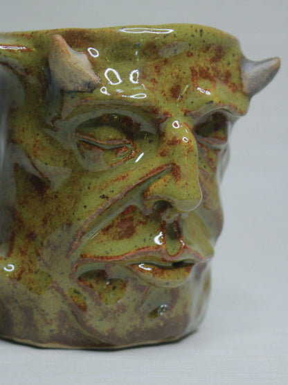 Green Goblin Face Mug -  Creepy Hand Sculpted Ceramic Mug