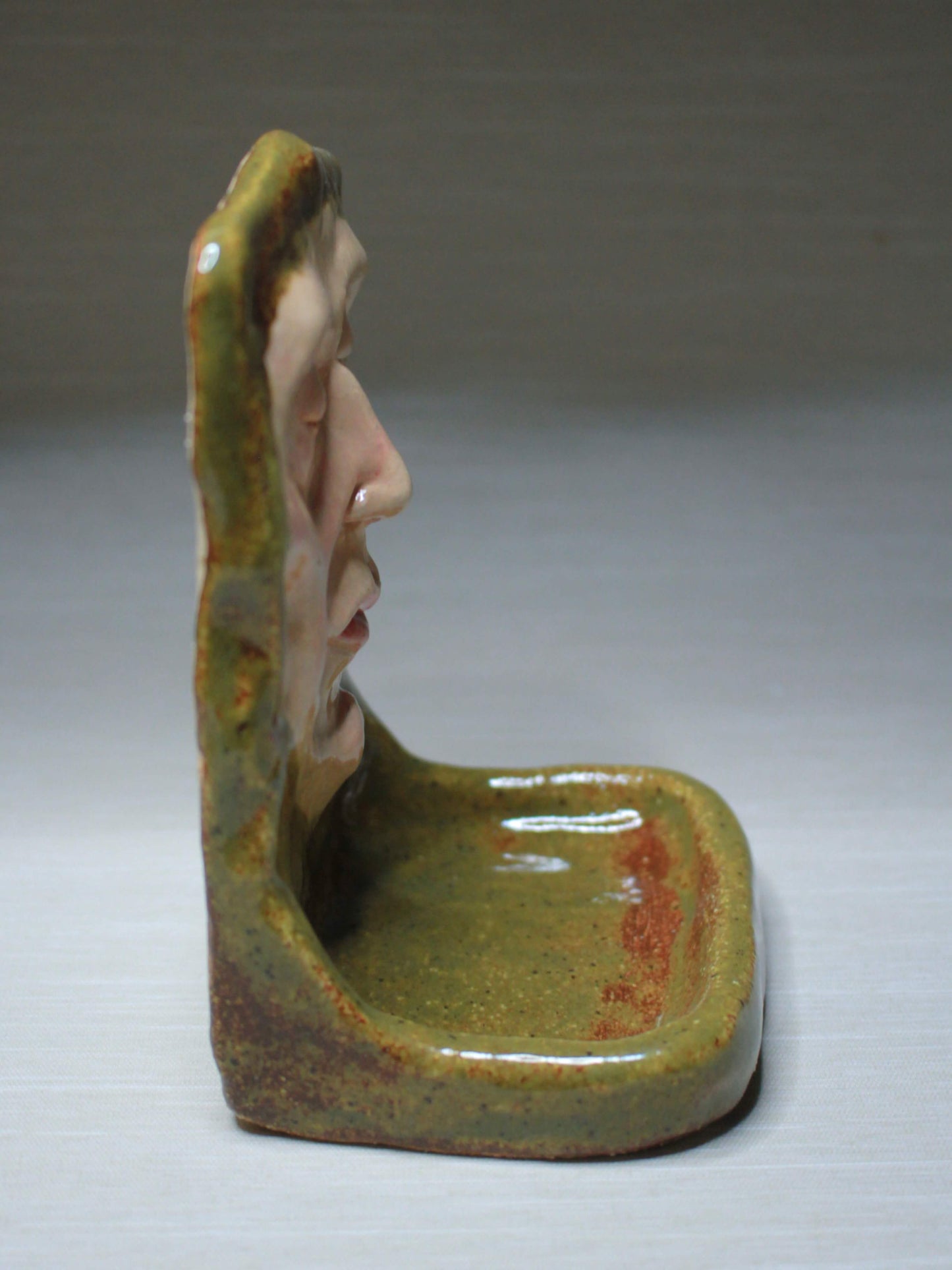 Green Man Tealight / Trinket Holder - Handmade Ceramic Jewellery Dish / Mini Altar
