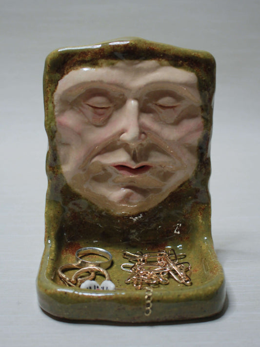 Green Man Tealight / Trinket Holder - Handmade Ceramic Jewellery Dish / Mini Altar
