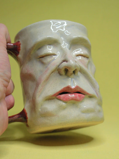 Half Asleep Herbert Face Mug - Quirky Hand Sculpted Ceramic Tankard / Large Mug