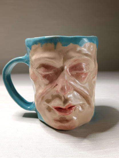 Quirky Hand Sculpted Blue Face Mug - Handmade Ceramic Character Drinkware