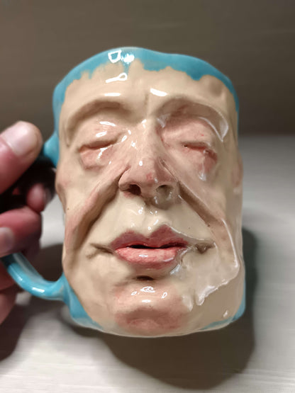 Quirky Hand Sculpted Blue Face Mug - Handmade Ceramic Character Drinkware
