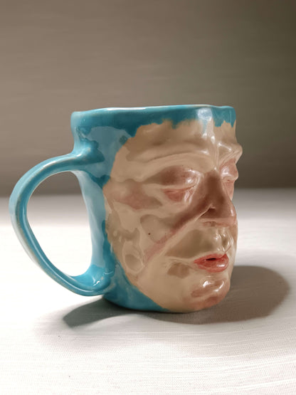 Quirky Hand Sculpted Blue Face Mug - Handmade Ceramic Character Drinkware