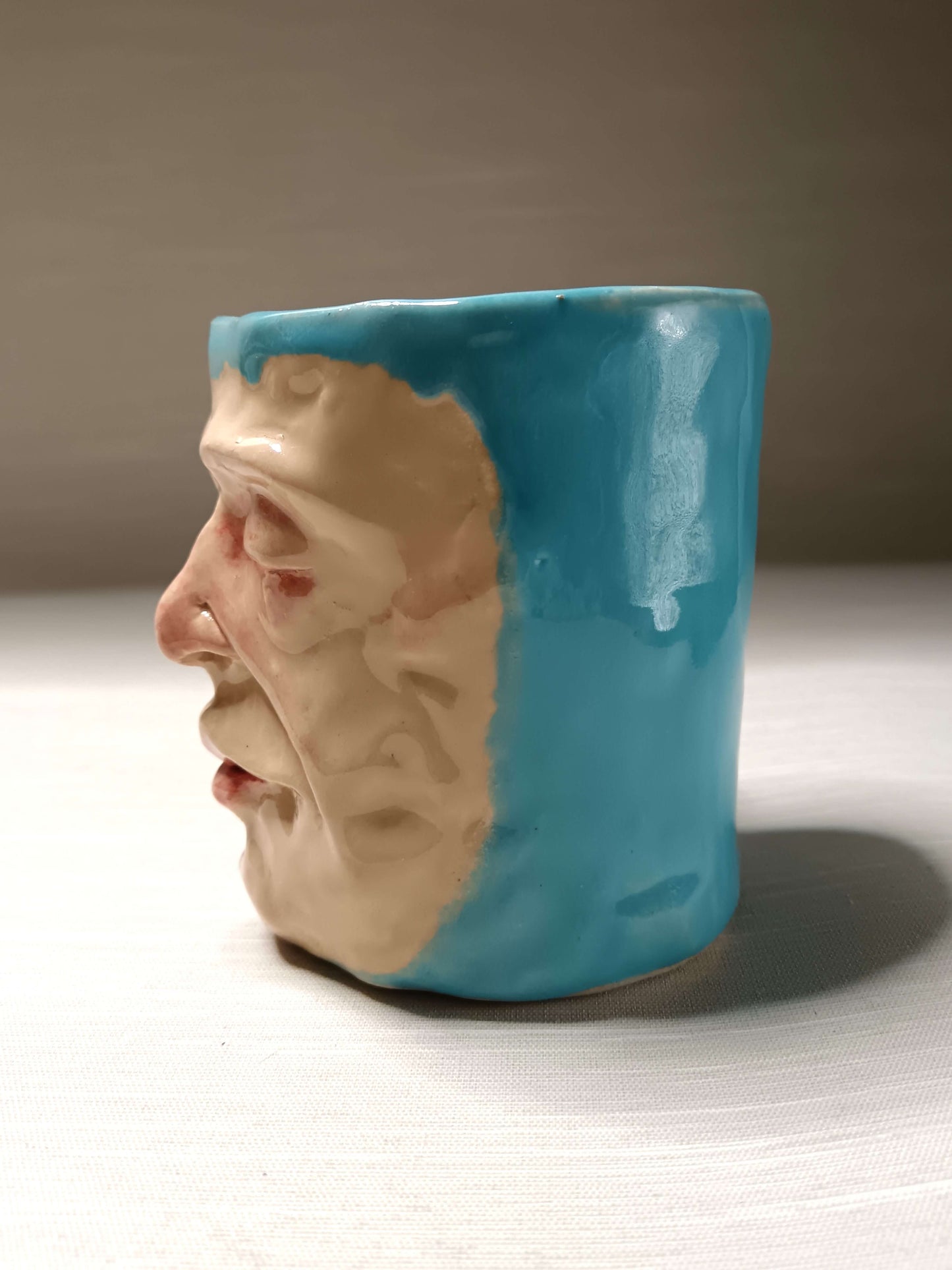 Quirky Hand Sculpted Blue Face Mug - Handmade Ceramic Character Drinkware