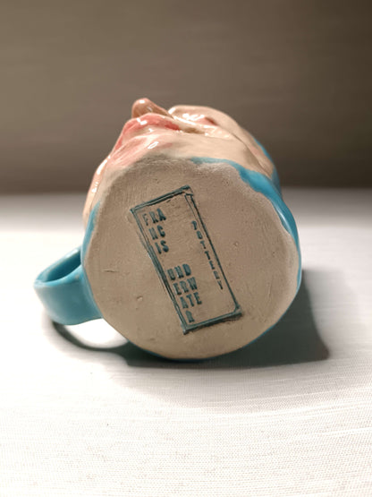 Quirky Hand Sculpted Blue Face Mug - Handmade Ceramic Character Drinkware