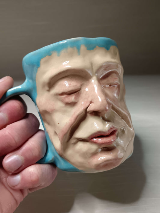 Quirky Hand Sculpted Blue Face Mug - Handmade Ceramic Character Drinkware