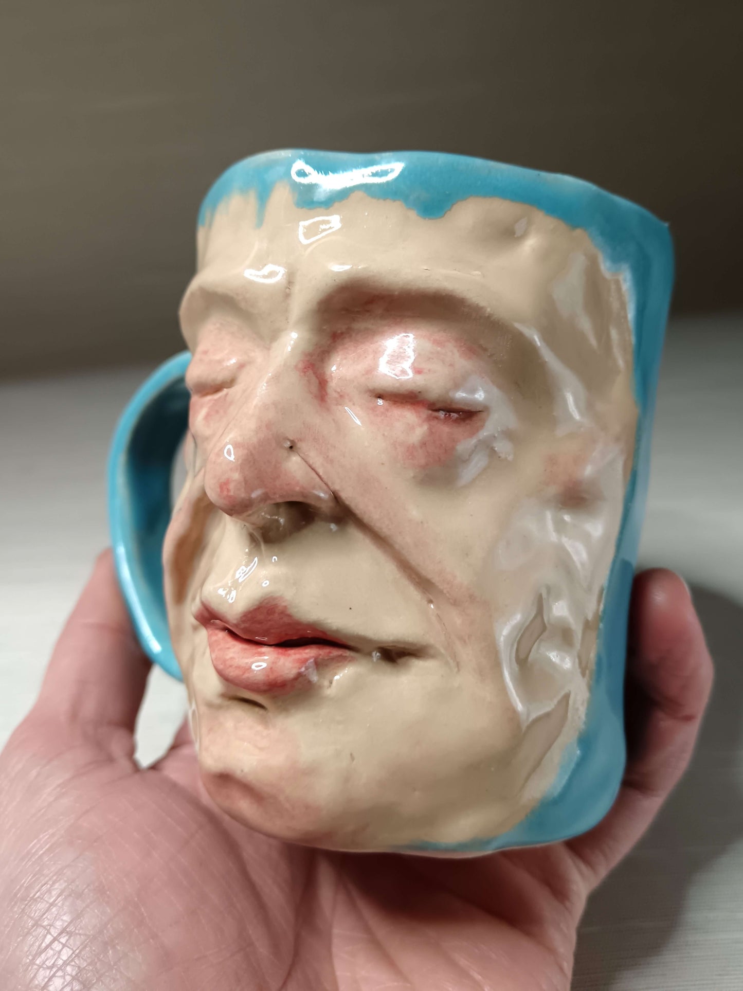 Quirky Hand Sculpted Blue Face Mug - Handmade Ceramic Character Drinkware
