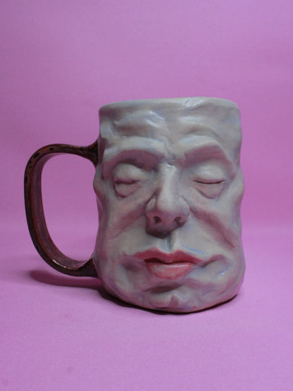 Red Handle Sleepy Face Tankard (Matte) / Large Mug - Handmade Ceramic Drinkware