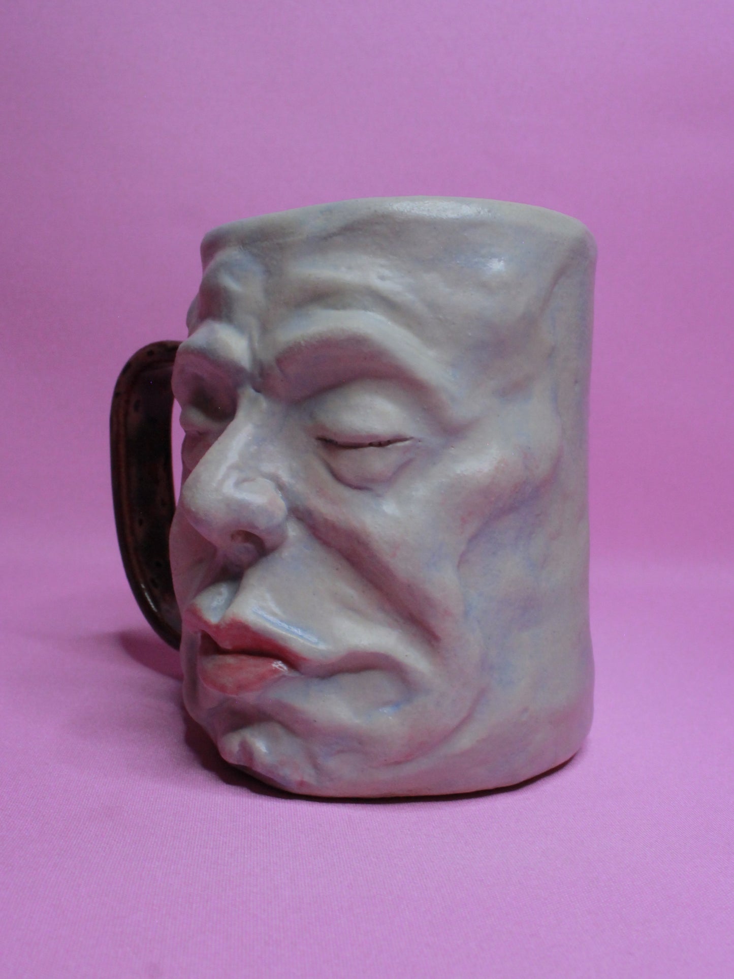 Red Handle Sleepy Face Tankard (Matte) / Large Mug - Handmade Ceramic Drinkware