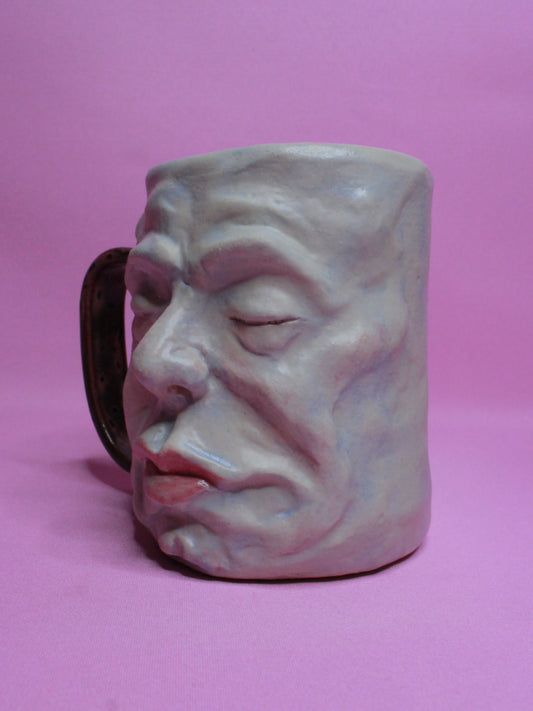 Red Handle Sleepy Face Tankard (Matte) / Large Mug - Handmade Ceramic Drinkware