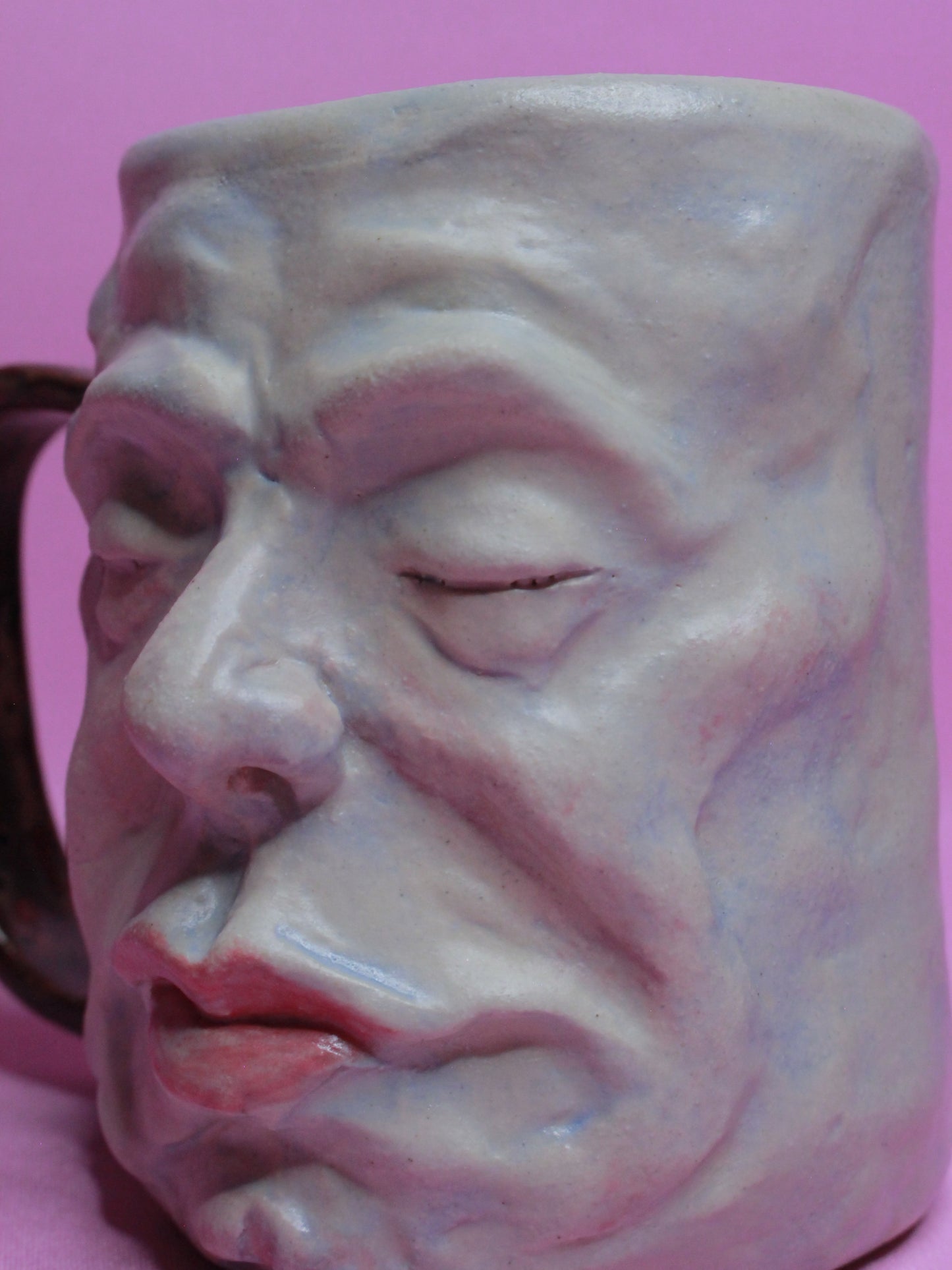 Red Handle Sleepy Face Tankard (Matte) / Large Mug - Handmade Ceramic Drinkware