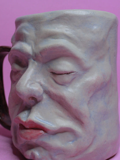 Red Handle Sleepy Face Tankard (Matte) / Large Mug - Handmade Ceramic Drinkware