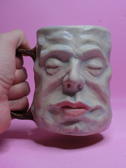 Red Handle Sleepy Face Tankard (Matte) / Large Mug - Handmade Ceramic Drinkware