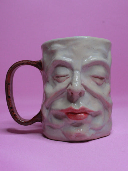 Red Handle Sleepy Face Tankard (Gloss) / Large Mug - Handmade Ceramic Drinkware