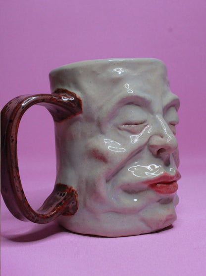 Red Handle Sleepy Face Tankard (Gloss) / Large Mug - Handmade Ceramic Drinkware