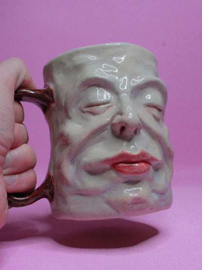 Red Handle Sleepy Face Tankard (Gloss) / Large Mug - Handmade Ceramic Drinkware