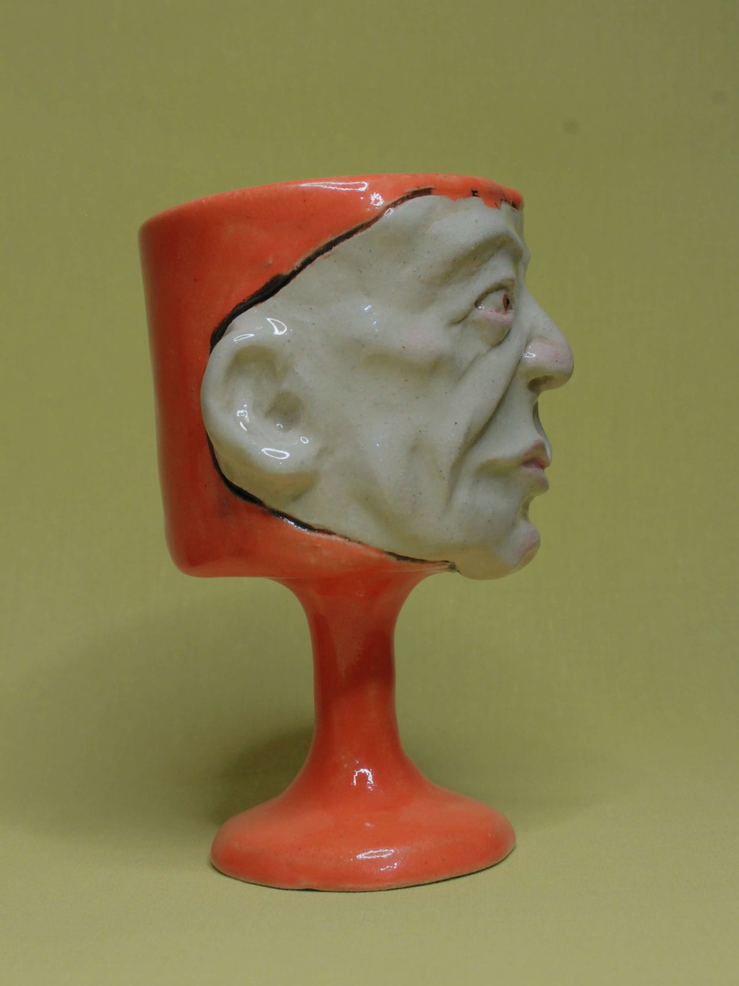 Orange (Open Eyes) Ceramic Face Goblet - Small Handmade Ceramic Drinkware