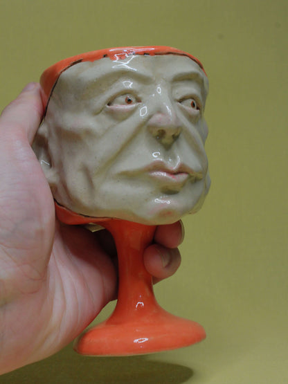 Orange (Open Eyes) Ceramic Face Goblet - Small Handmade Ceramic Drinkware
