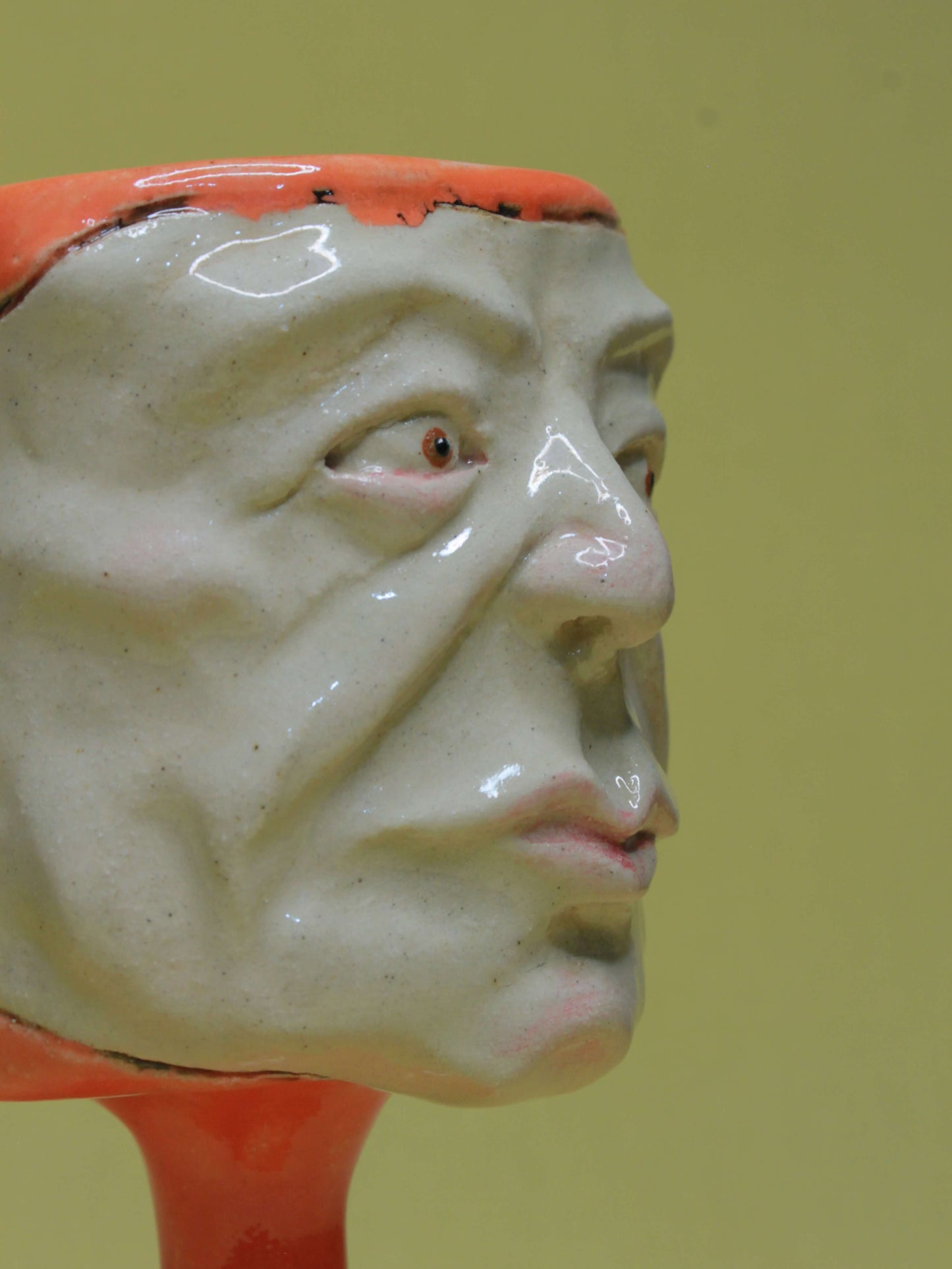 Orange (Open Eyes) Ceramic Face Goblet - Small Handmade Ceramic Drinkware