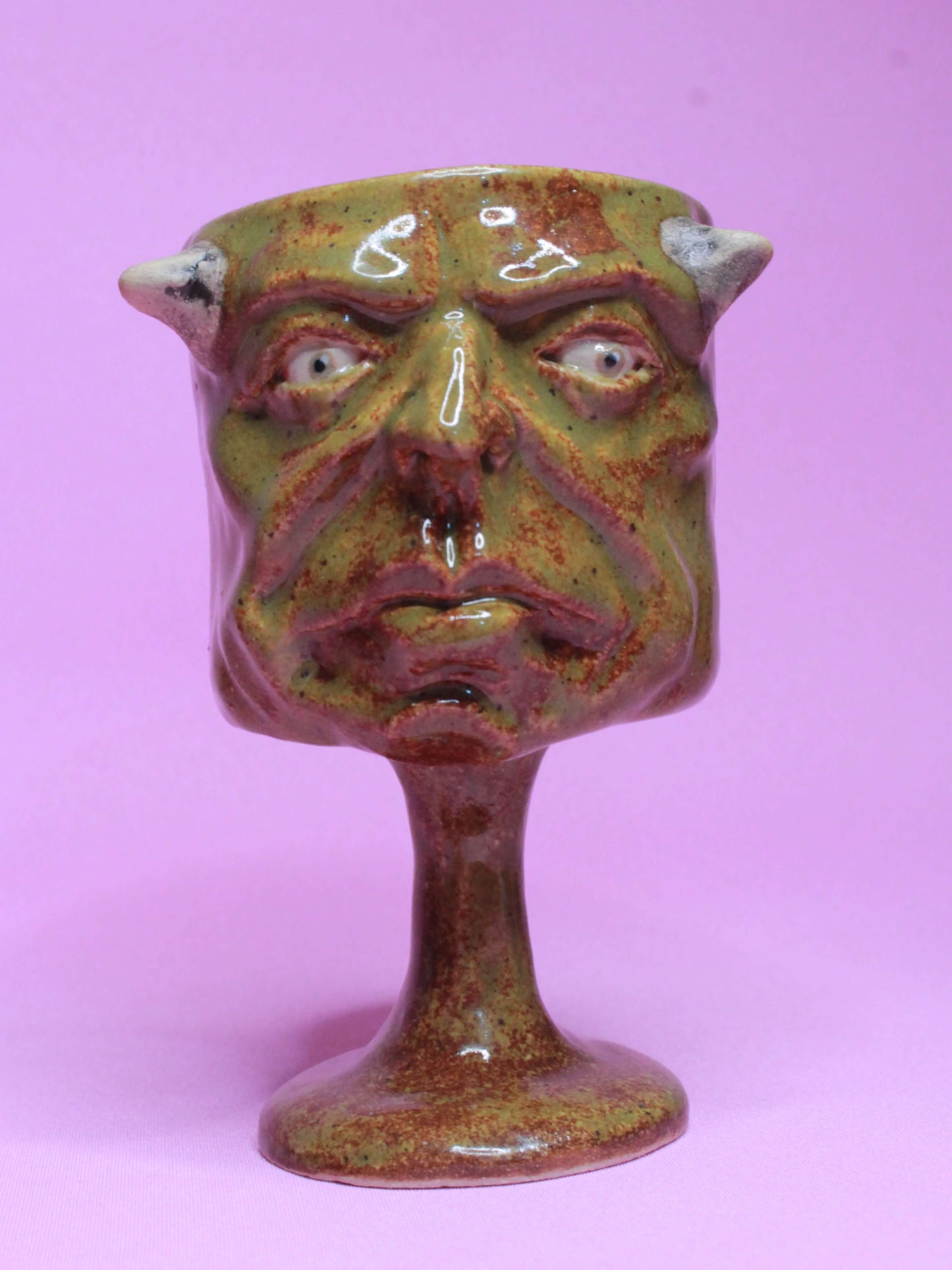 Green Goblin Ceramic Face Goblet - Small Handmade Ceramic Drinkware