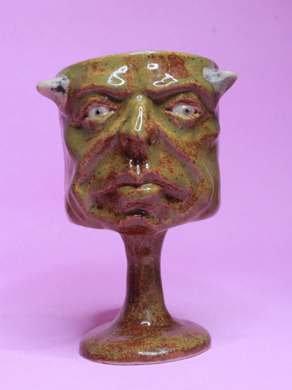 Green Goblin Ceramic Face Goblet - Small Handmade Ceramic Drinkware