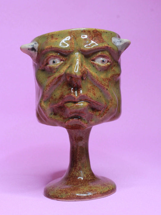 Green Goblin Ceramic Face Goblet - Small Handmade Ceramic Drinkware