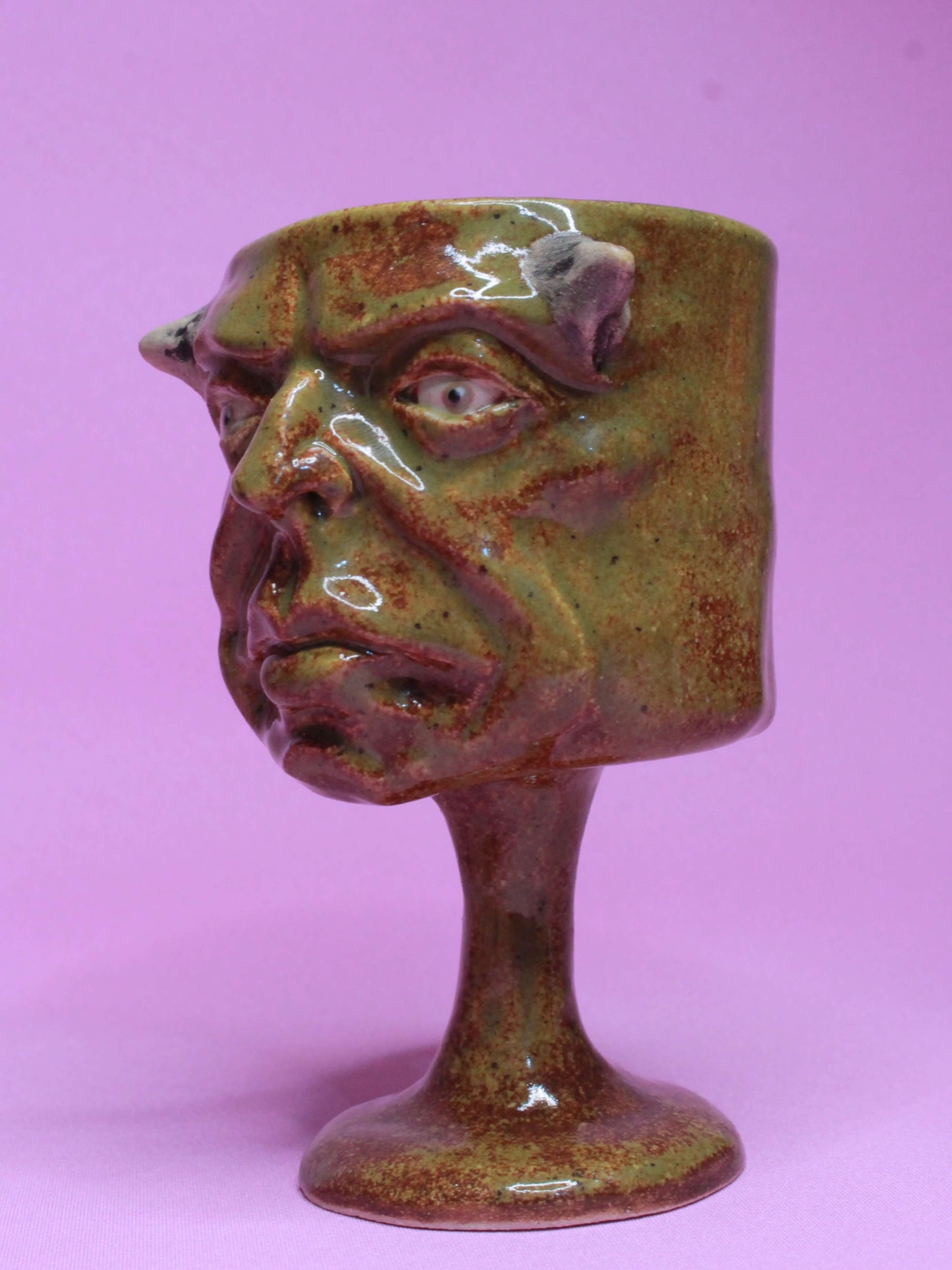 Green Goblin Ceramic Face Goblet - Small Handmade Ceramic Drinkware