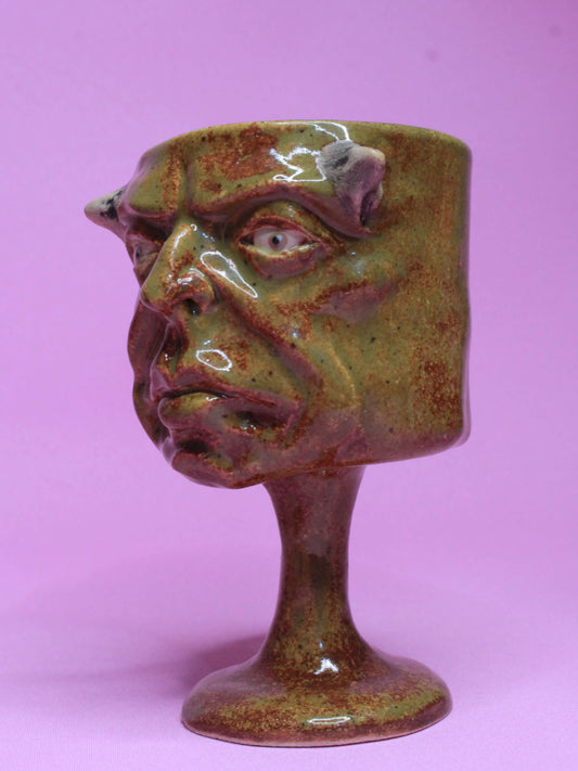 Green Goblin Ceramic Face Goblet - Small Handmade Ceramic Drinkware