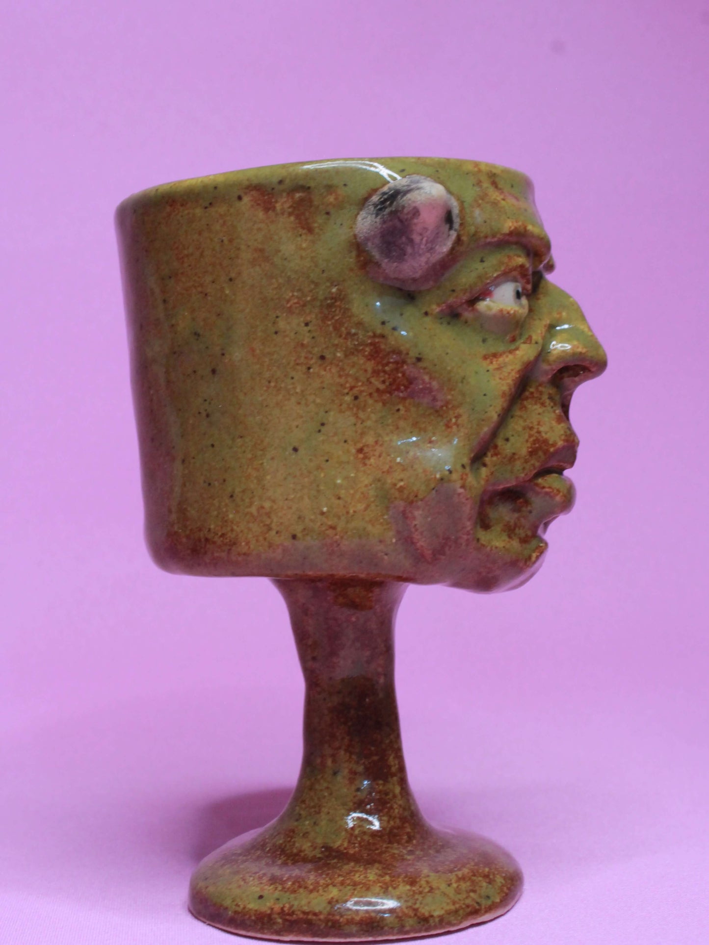 Green Goblin Ceramic Face Goblet - Small Handmade Ceramic Drinkware