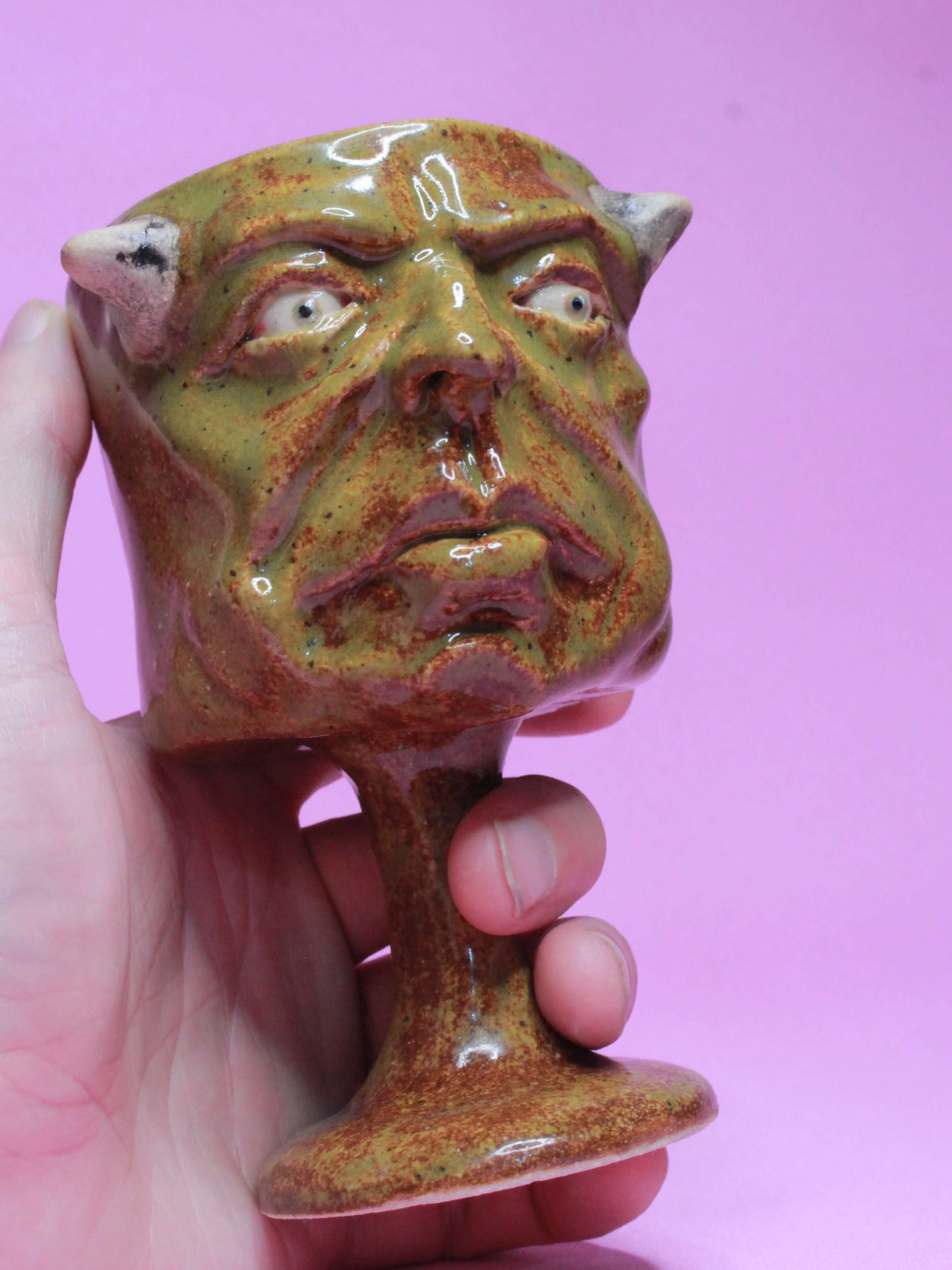 Green Goblin Ceramic Face Goblet - Small Handmade Ceramic Drinkware