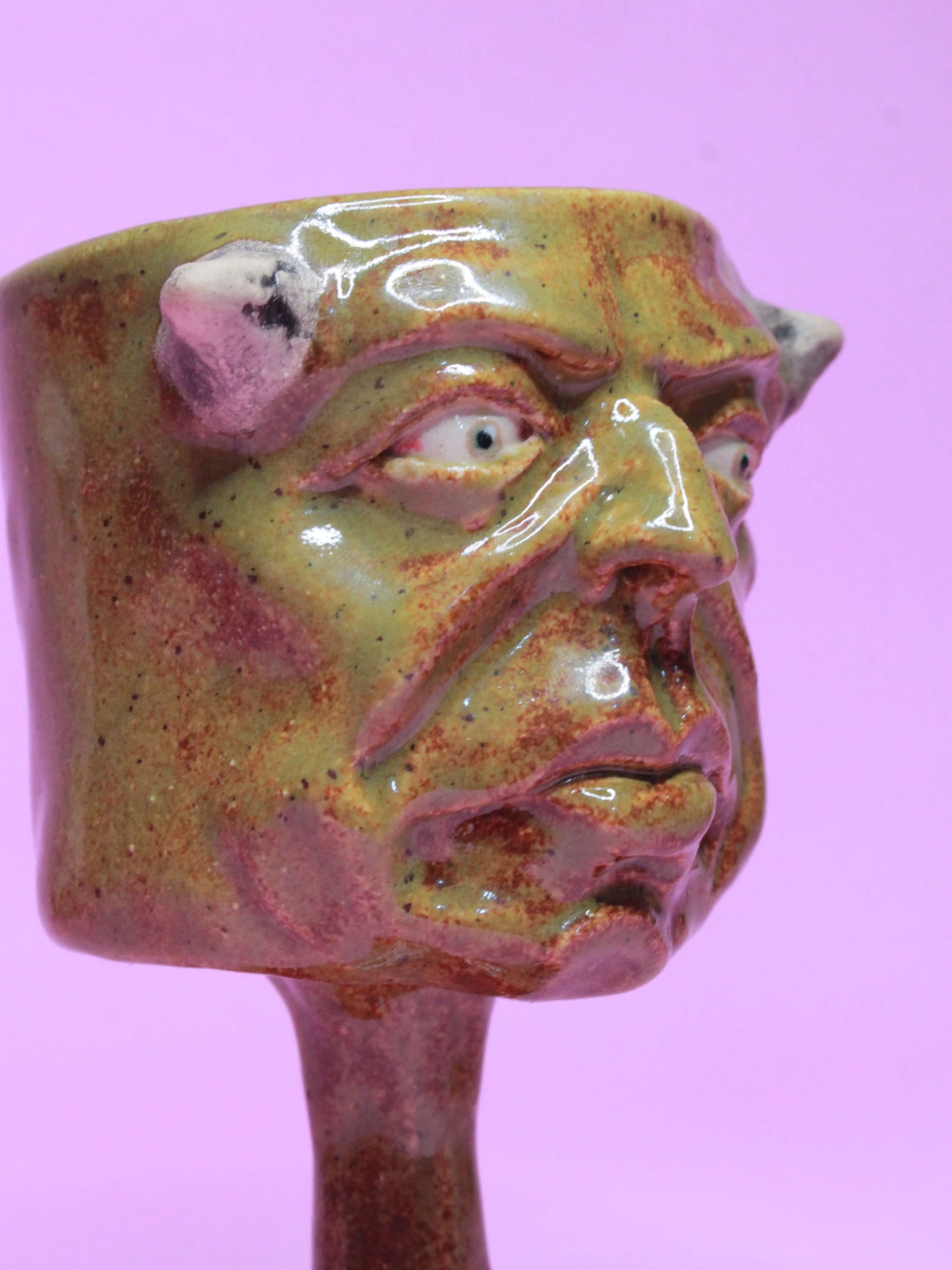 Green Goblin Ceramic Face Goblet - Small Handmade Ceramic Drinkware
