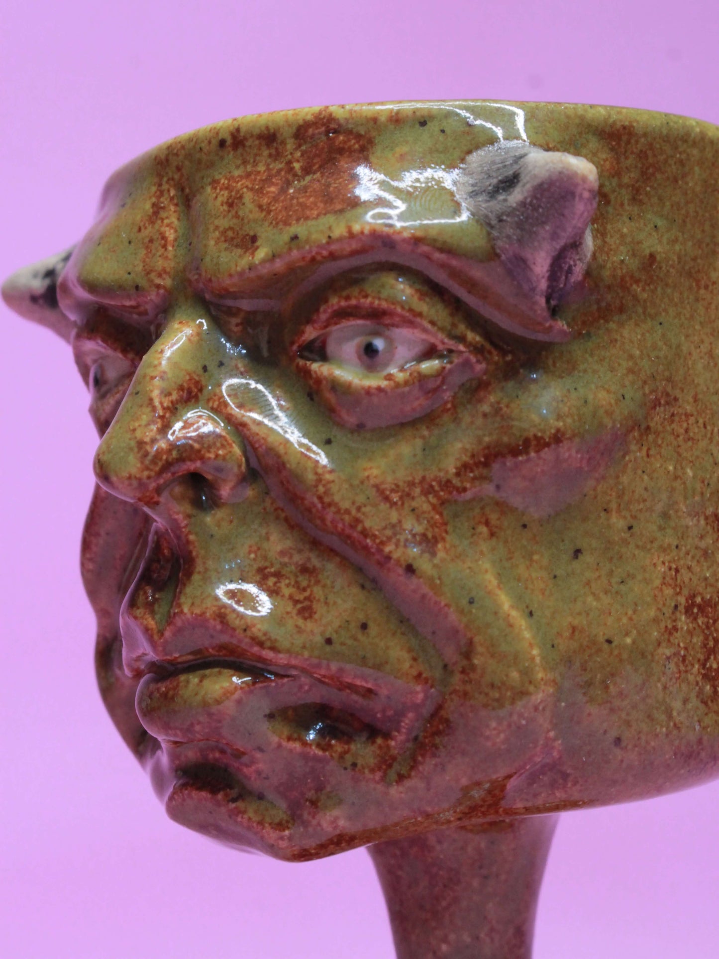 Green Goblin Ceramic Face Goblet - Small Handmade Ceramic Drinkware