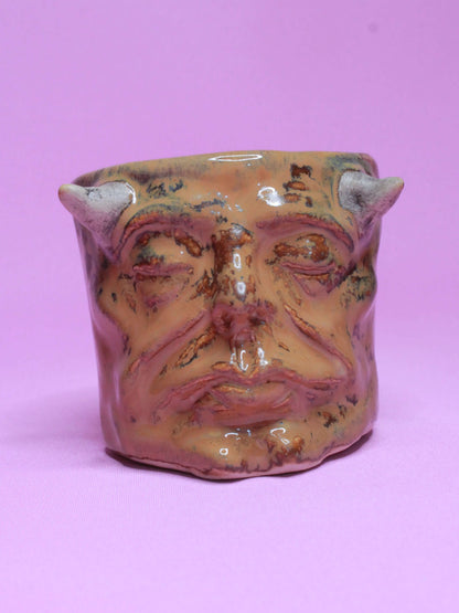 Brown Devil Mini Pot (Closed Eyes) / Tumbler - Handmade Ceramic Pot & Drinkware