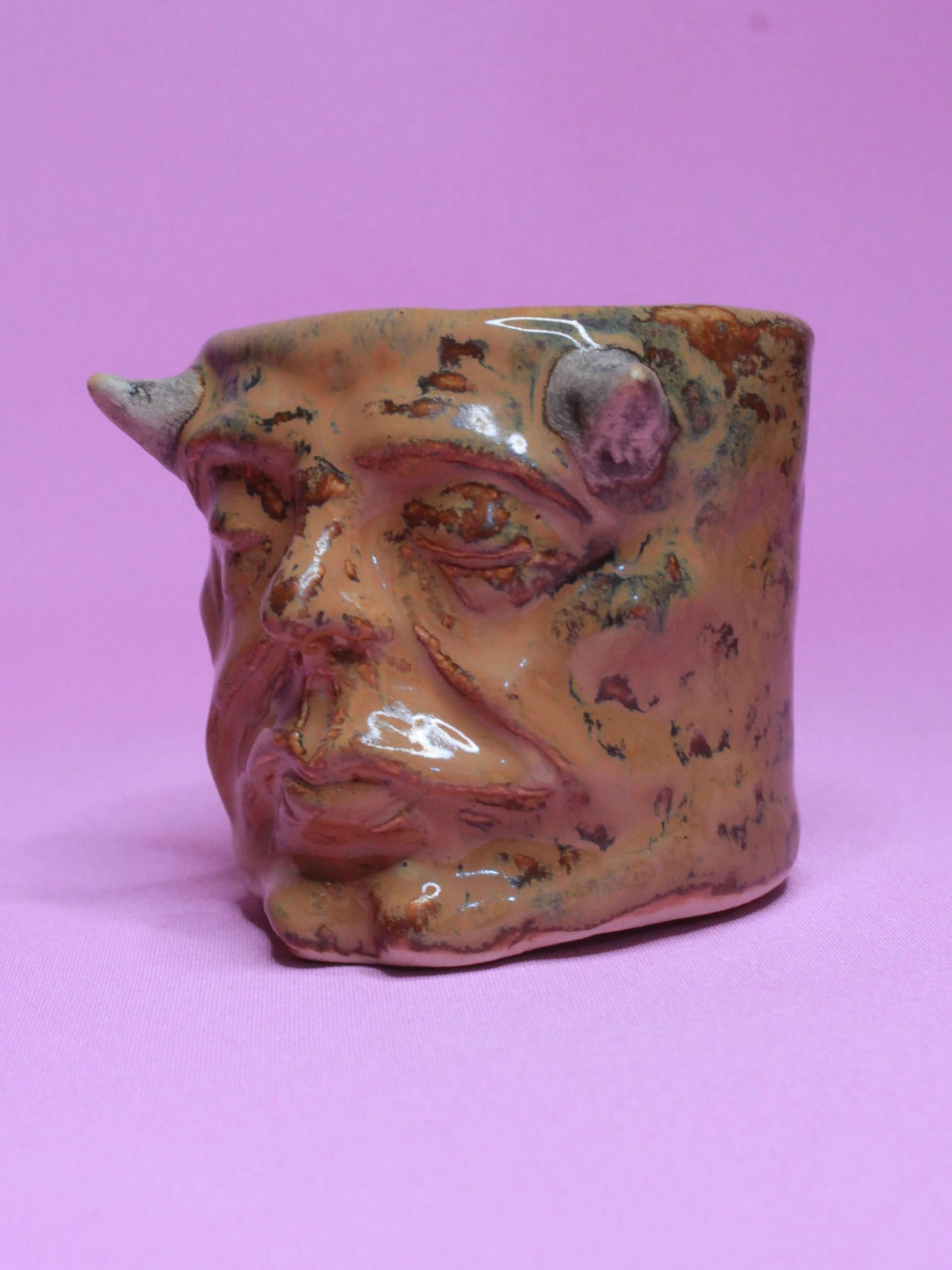 Brown Devil Mini Pot (Closed Eyes) / Tumbler - Handmade Ceramic Pot & Drinkware
