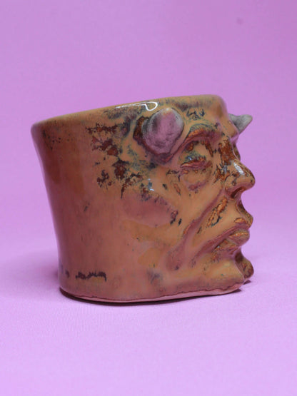 Brown Devil Mini Pot (Closed Eyes) / Tumbler - Handmade Ceramic Pot & Drinkware