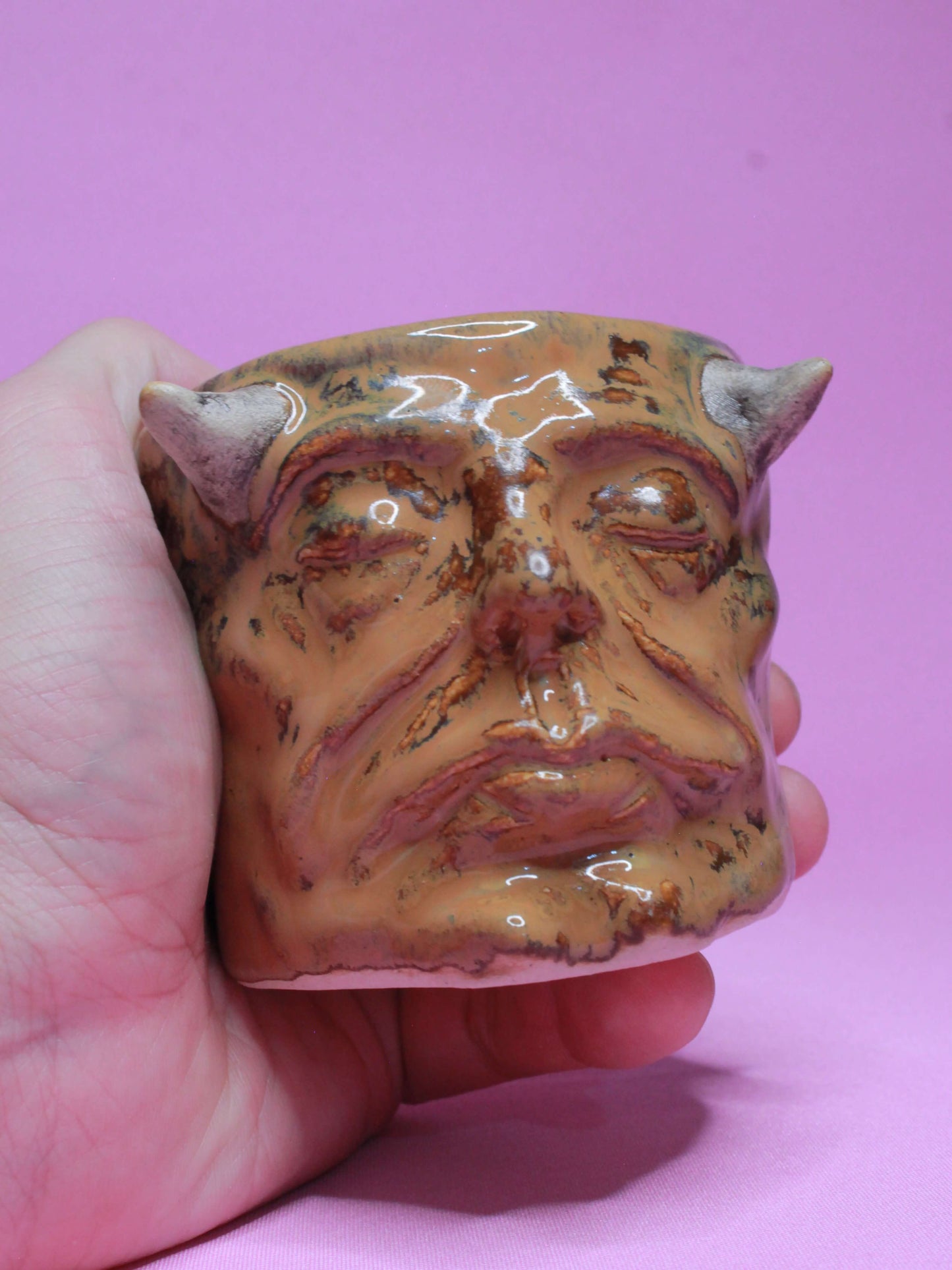 Brown Devil Mini Pot (Closed Eyes) / Tumbler - Handmade Ceramic Pot & Drinkware