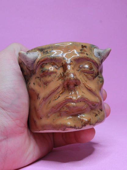 Brown Devil Mini Pot (Closed Eyes) / Tumbler - Handmade Ceramic Pot & Drinkware