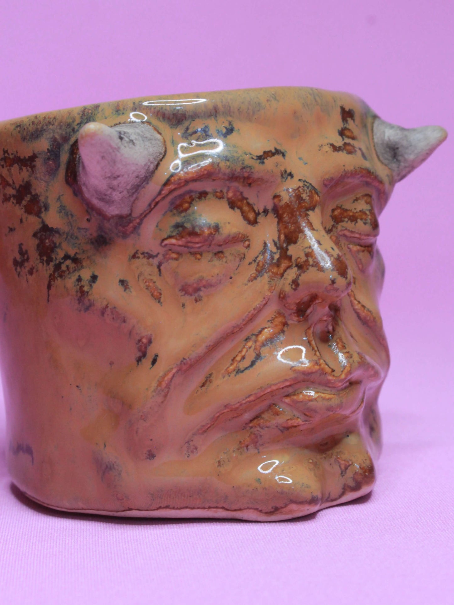 Brown Devil Mini Pot (Closed Eyes) / Tumbler - Handmade Ceramic Pot & Drinkware