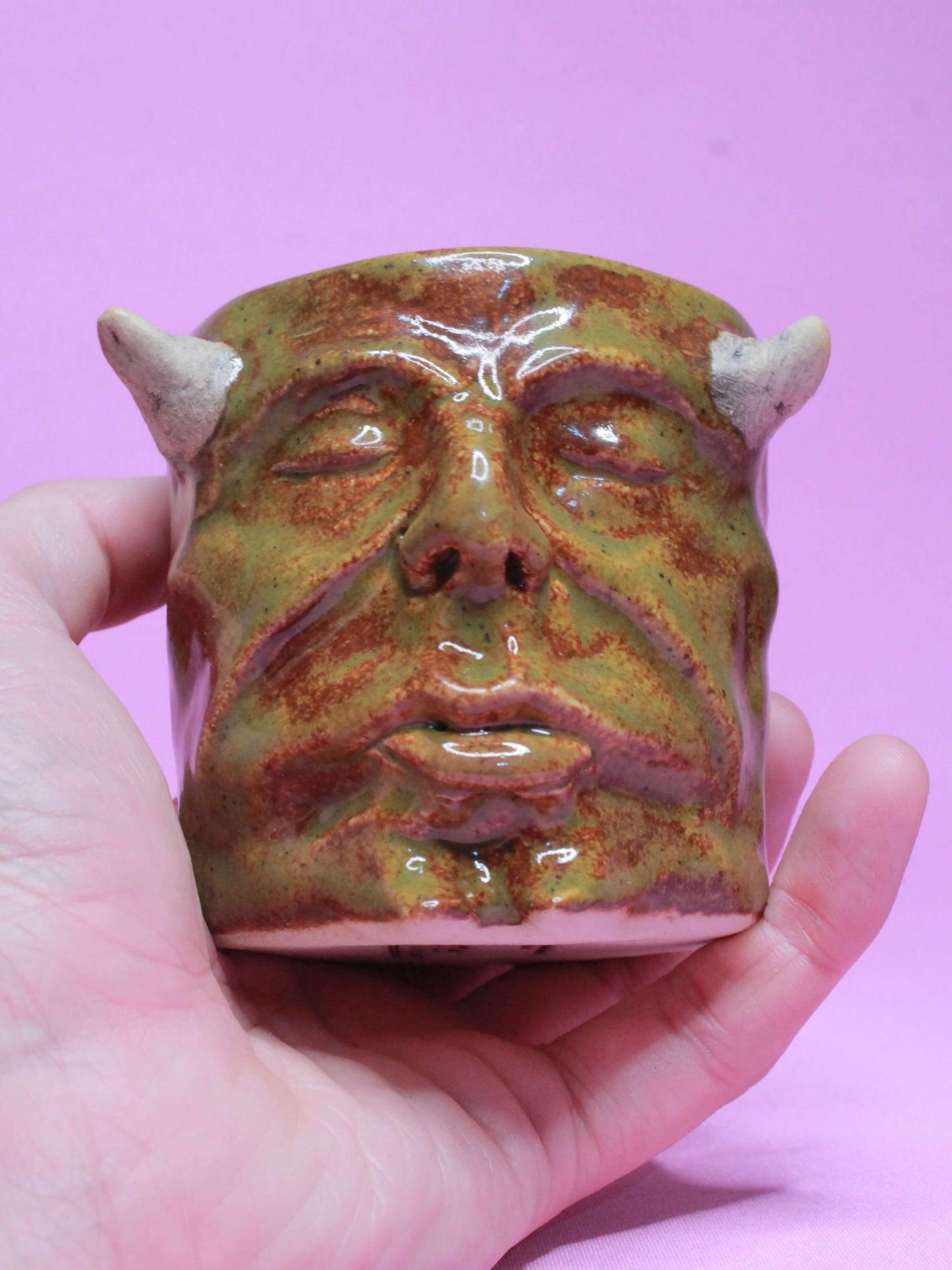 Green Devil Mini Pot (Closed Eyes) / Tumbler - Handmade Ceramic Pot & Drinkware (Copy)