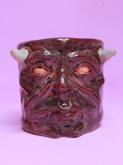 Red Devil Mini Pot (Open Eyes) / Tumbler - Handmade Ceramic Pot & Drinkware