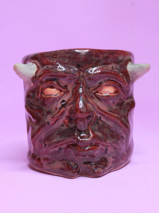 Red Devil Mini Pot (Open Eyes) / Tumbler - Handmade Ceramic Pot & Drinkware