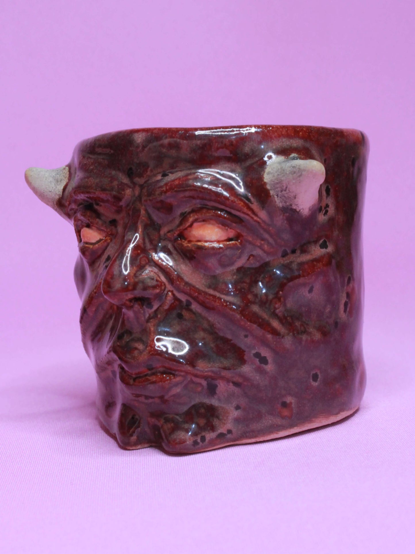 Red Devil Mini Pot (Open Eyes) / Tumbler - Handmade Ceramic Pot & Drinkware