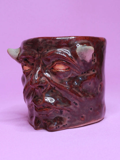 Red Devil Mini Pot (Open Eyes) / Tumbler - Handmade Ceramic Pot & Drinkware