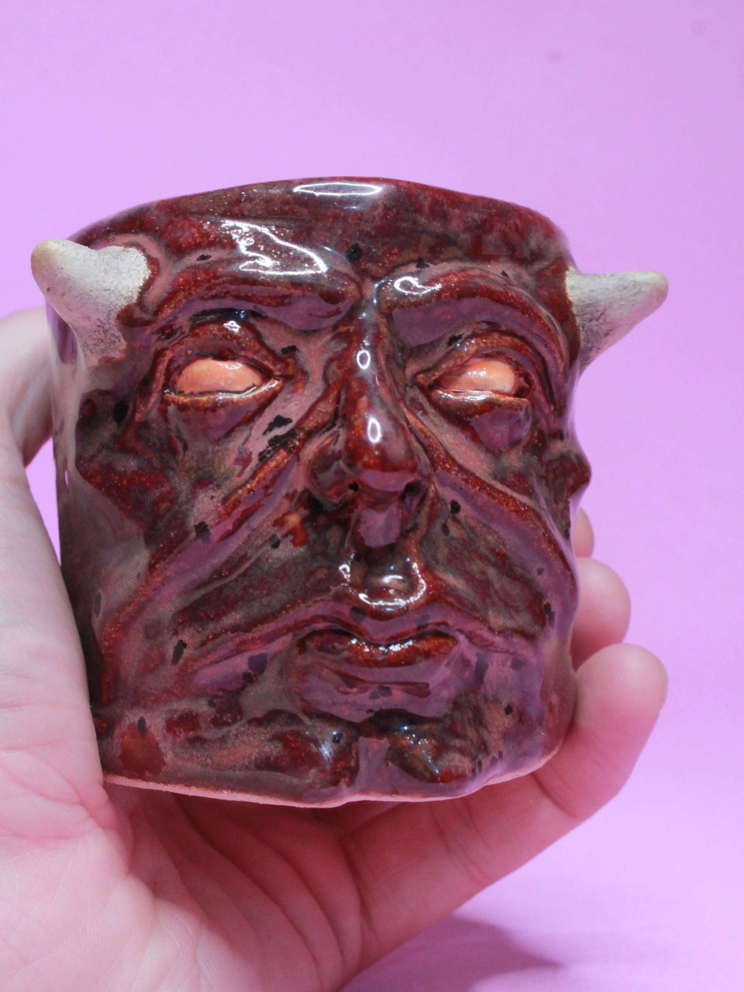 Red Devil Mini Pot (Open Eyes) / Tumbler - Handmade Ceramic Pot & Drinkware