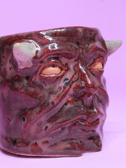 Red Devil Mini Pot (Open Eyes) / Tumbler - Handmade Ceramic Pot & Drinkware