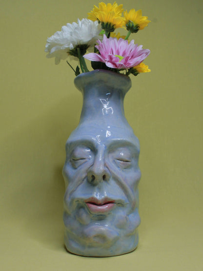Blue (Closed Eyes) Ceramic Bottle Vase Goblet - Small Handmade Ceramic Bud Vase